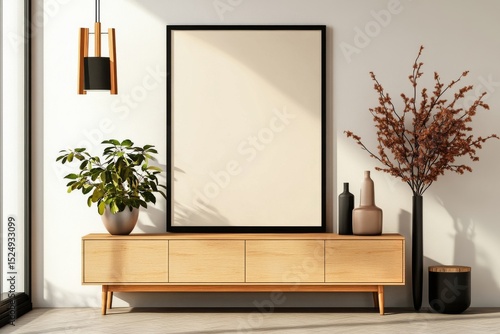 Modern Living Room Interior With Decorative Plants and a Large Frame in Natur...