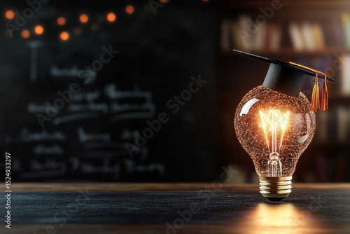 Graduation Light Bulb With Cap Surrounded by Green Foliage in a Dark Setting.