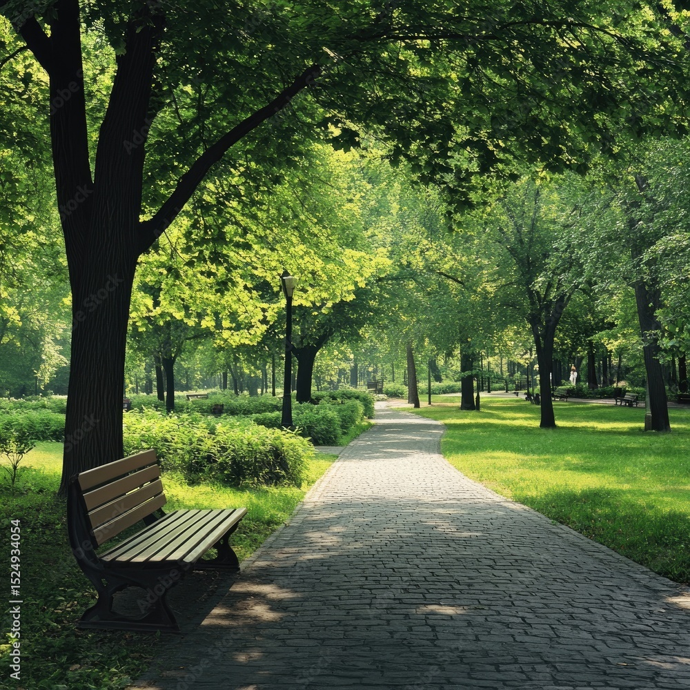 Serene park path with a bench under shade trees on a sunny day Serene park path with a bench under shade trees on a sunny day