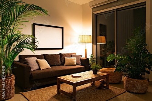 Cozy Living Room With Plants and Warm Lighting Creating a Peaceful Atmosphere...