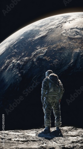 Astronaut Standing on Lunar Surface Gazing at Earth From a Distance