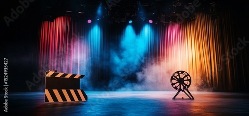 Film Set With Colorful Lights and Smoke at a Theater During a Performance Pre...