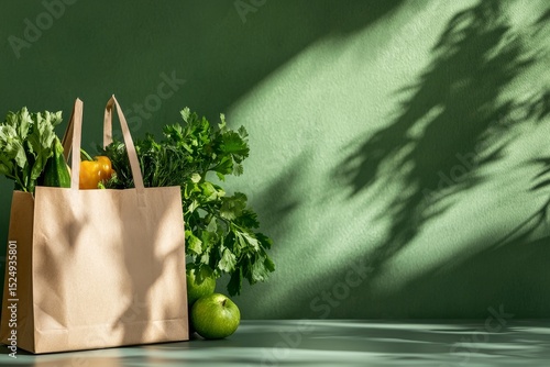 Fresh Vegetables and Herbs in a Paper Bag on a Green Backdrop With Shadows in...