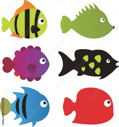 Playful collection of colorful cartoon fish with unique shapes and patterns for childrens education and creative projects