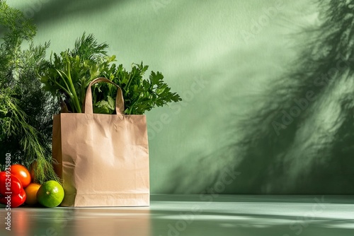 Fresh Produce in a Brown Paper Bag Against a Green Backdrop With Sunlight Cas...