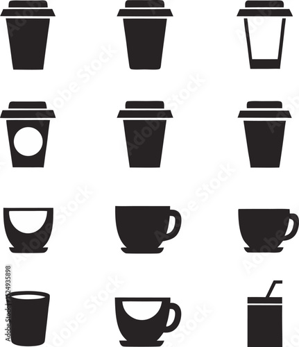Set of simple black coffee and beverage icons representing various cup types suitable for cafes and restaurants