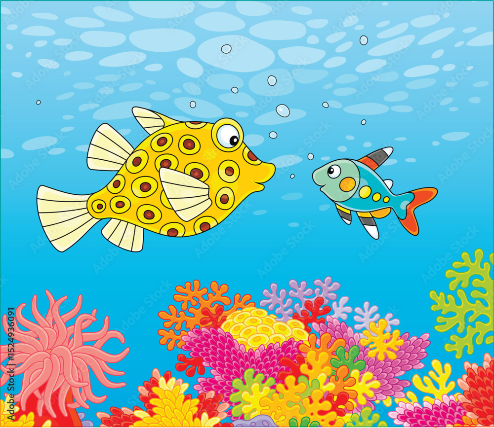 Naklejka premium Funny boxfish and an x-ray fish swimming in blue water of a colorful coral reef in a tropical sea, vector cartoon illustration