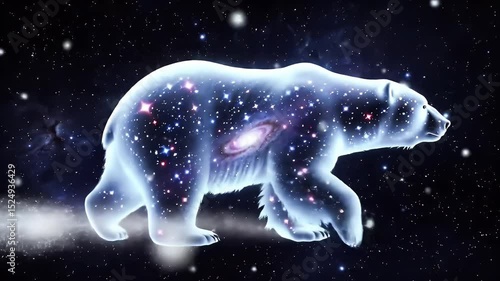 A polar bear, translucent and bathed in starlight, against a backdrop of cosmic dust and constellations