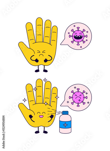 Hand character using sanitizer to fight off a virus. Before and after concept showing a sad germy hand turning happy and clean, with virus defeated cartoon illustration vector