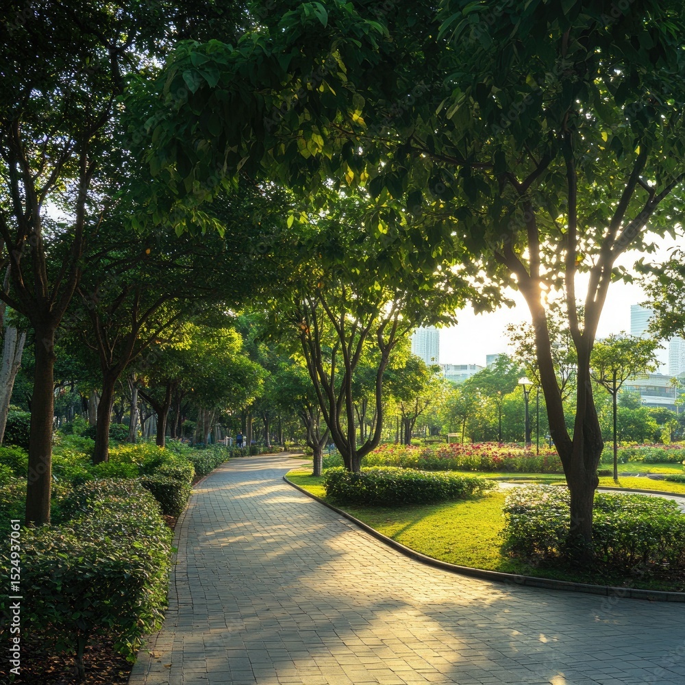 Obraz premium Sunlit path winds through a lush urban park, offering a tranquil escape amidst greenery