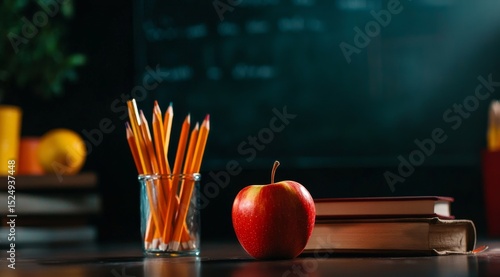 School Supplies Arranged on a Desk With Apples and Pencils in a Classroom Set...