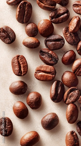 Freshly Roasted Coffee Beans Scattered on a Light Surface for a Rich and Arom...