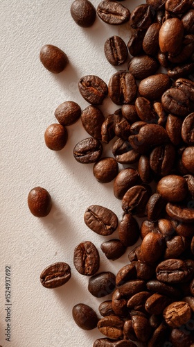 Coffee Beans Scattered on a Light Surface Showcasing Their Rich Colors and Te...