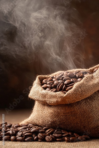 Freshly Roasted Coffee Beans in Burlap Sack Releasing Aromatic Steam.
