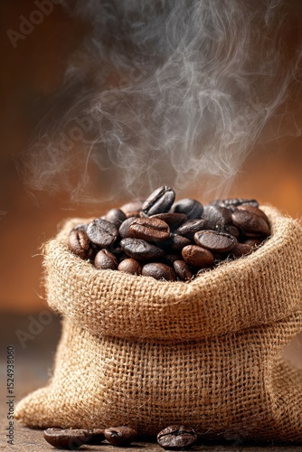 Freshly Roasted Coffee Beans in Burlap Sack Releasing Aromatic Steam