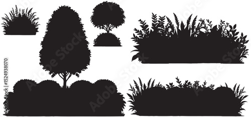 silhouette trees shrubs and bushes set . white background vector