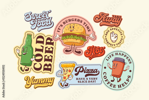 Groovy Burger Retro Character Stickers Set. Cartoon Hamburger, Pizza, Coffee, Beer Walking and Smiling. Vector Street Food Mascot Templates Patches Collection. Vintage Fast Food Illustrations Isolated