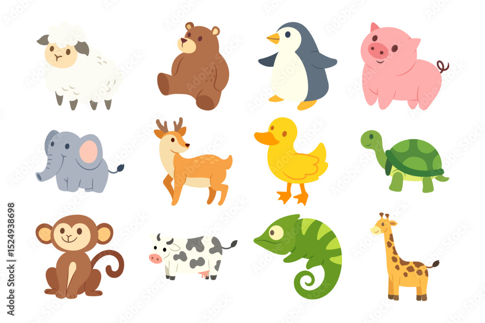 Obraz premium Set of cute cartoon animals posing on white background vector illustration