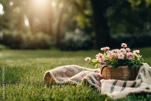 Basket of Flowers on a Grassy Blanket in a Sunlit Park During a Peaceful Afte...