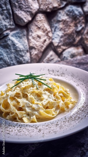 Creamy Fettuccine Alfredo Served on a Rustic Plate in a Warm Restaurant Setting.