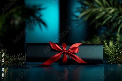 Elegant Gift Wrapped in Black With a Red Ribbon Surrounded by Greenery at a F...