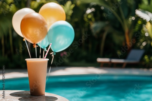 Refreshing Drinks by the Pool With Balloons for a Summer Celebration.