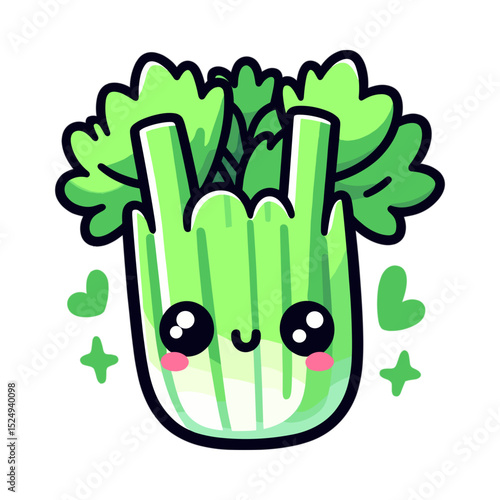 Cute cartoon celery character with happy expression and green leaves  