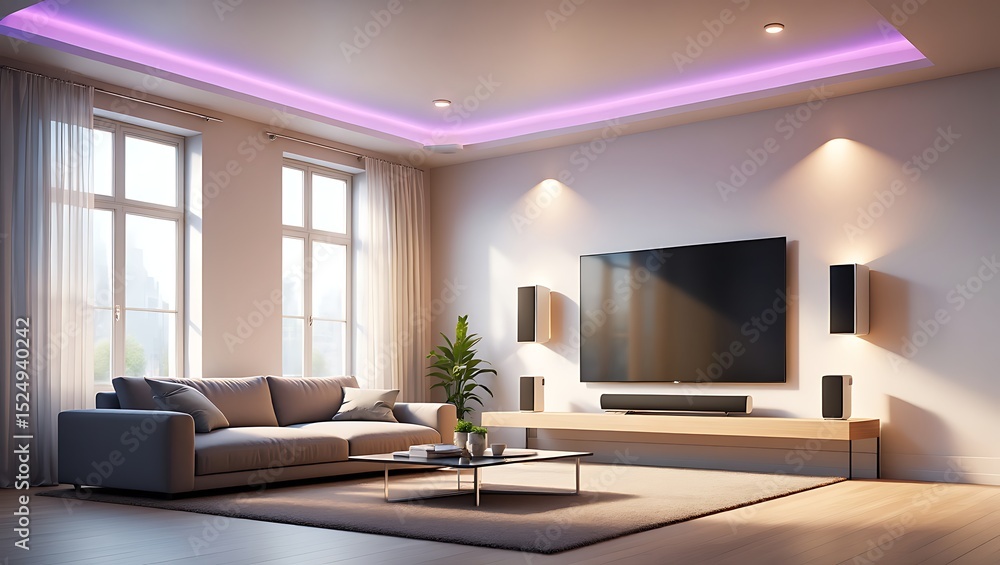 Fototapeta premium Modern Living Room with Smart Home Technology Featuring LED Ambient Lighting, Neutral Decor, and Integrated Audio System in a Bright, Contemporary Space