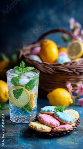 Refreshing Drink With Mint and Colorful Cookies Beside a Basket of Lemons