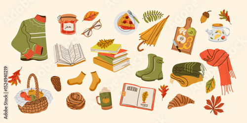 Set of cute hand drawn autumn elements. Hello autumn. Collection of fall season scrapbooking elements with clothes, sweets, home leisure. Concept for seasonal poster,card,invitation, sticker.