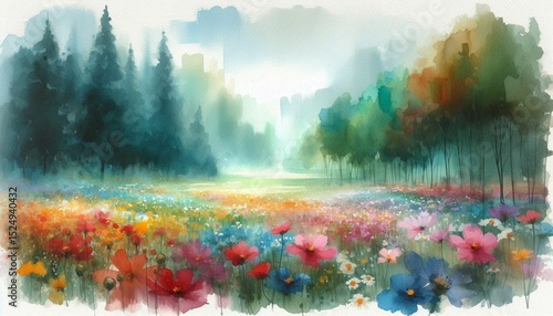 a beautiful idyllic colorful flower field infront of a forest; watercolor painting with mixed colors