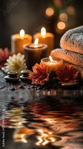 Tranquil Spa Setup With Candles and Flowers Creating a Serene Atmosphere