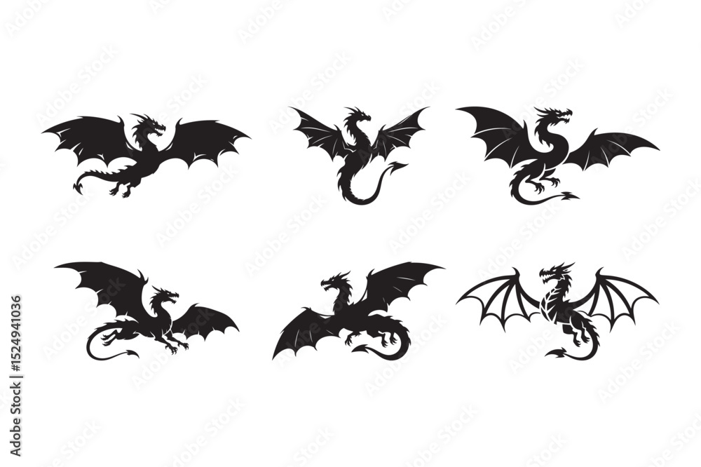 Naklejka premium Flying Dragon Silhouette Vector Set – Fantasy Creature Clipart Collection