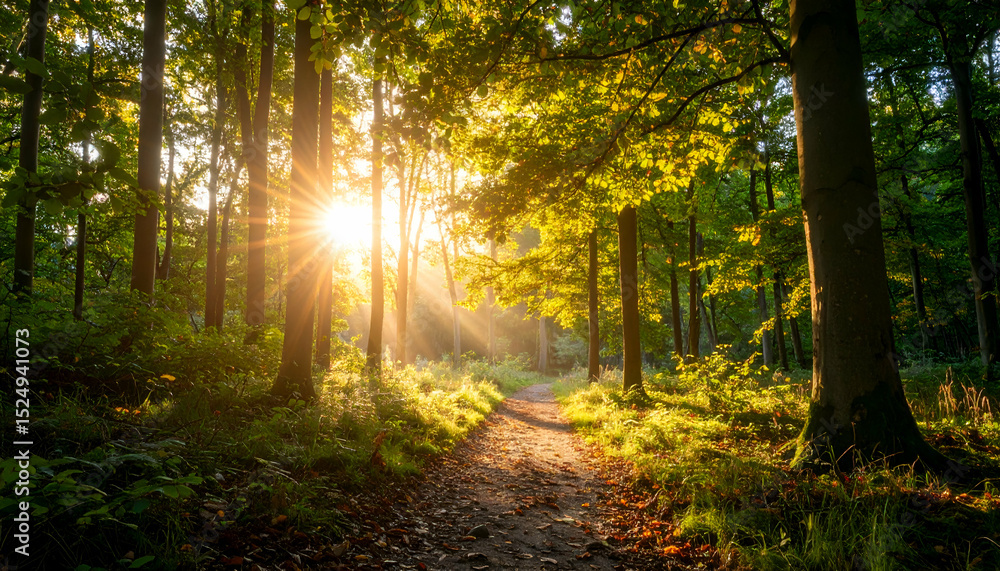 Obraz premium Low-angle view of sunlight breaking through leaves, warm golden hour tones