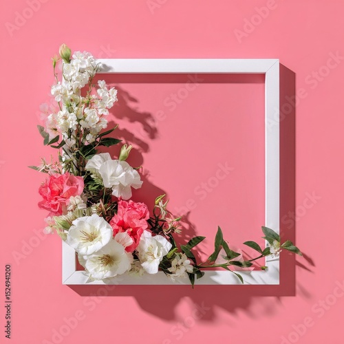 Floral Arrangement With a White Frame on a Vibrant Pink Background for Creati...