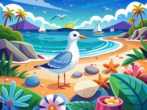vector of A seagull enjoys a summer vacation at the seashore. A beautiful beach with water waves hitting the beach. Beautiful seashells on the beach in vibrancy.