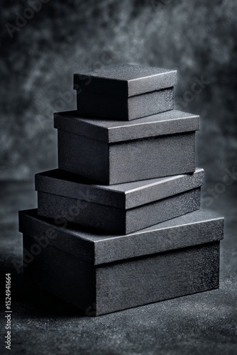 Stacked Black Boxes on a Dark Surface Creating a Minimalist Look and Feel