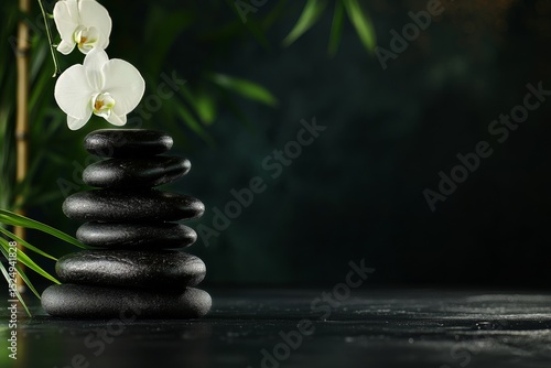 Stacked Stones With White Orchid and Bamboo in Serene Spa Setting