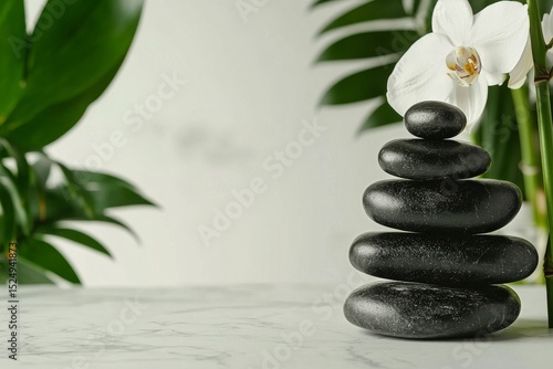 Balanced Stones and Flower Arrangement in a Serene Indoor Setting With Greenery