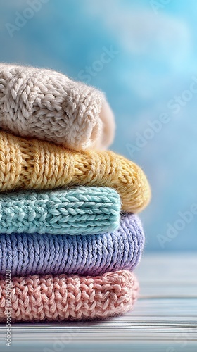 Colorful Knitted Towels Stacked Neatly Against a Blue Backdrop.