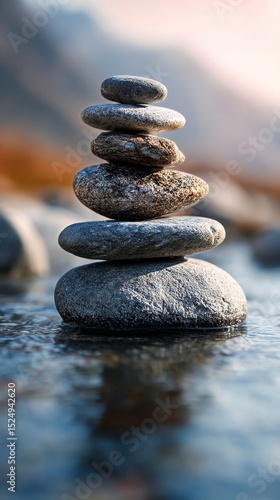 Balanced Rock Stack in Tranquil Waters Under Soft Sunlight at a Serene Location