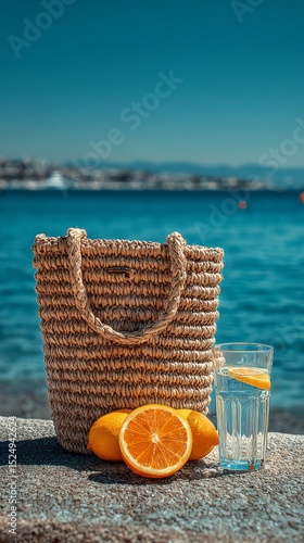 Refreshing Drink and Fruit by the Seaside in Bright Daylight