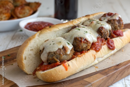 Delicious meatball sub with melted cheese and marinara sauce