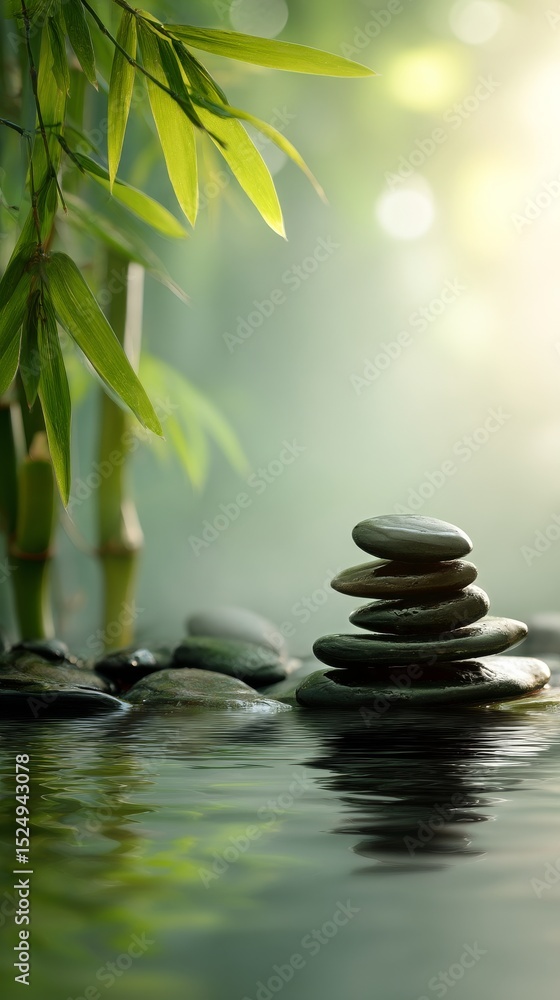 Fototapeta premium Peaceful Stones Balanced Near Calm Water With Bamboo in a Serene Natural Setting.