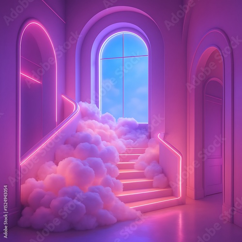 Dreamy Futuristic Staircase with Neon Lights and Pastel Clouds