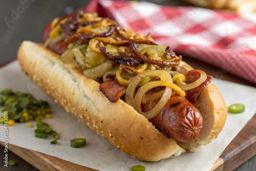 Gourmet hot dog with caramelized onions and bacon