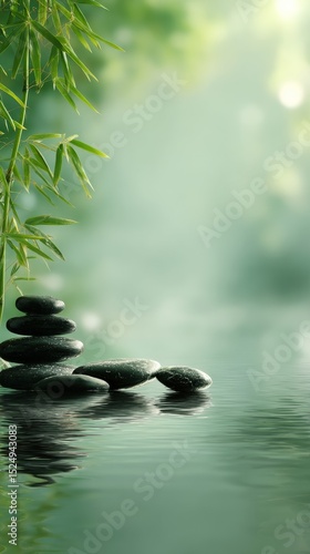 Peaceful Stones Balanced Near Calm Water With Bamboo in a Serene Natural Setting