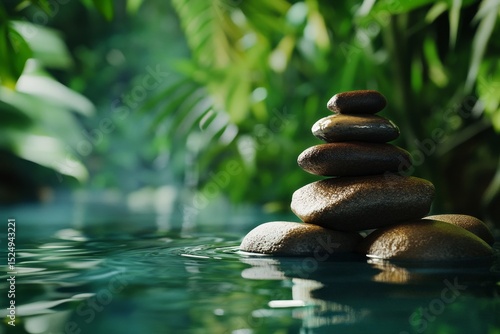 Tranquil Stacked Stones Reflecting in Calm Water Surrounded by Lush Greenery
