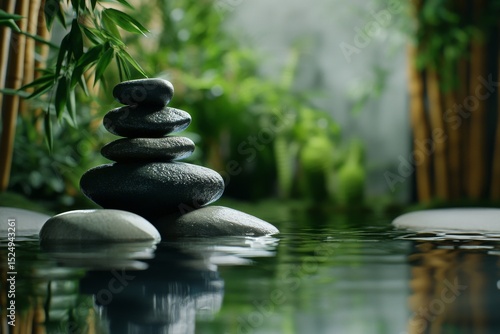 Tranquil Stacked Stones Reflecting in Calm Water Surrounded by Lush Greenery.
