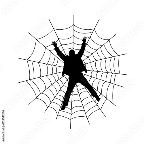 Silhouette of man trapped in spiderweb. Detailed image shows man's silhouette caught in intricate spiderweb design.  This striking silhouette concept is perfect for illustrating vulnerability